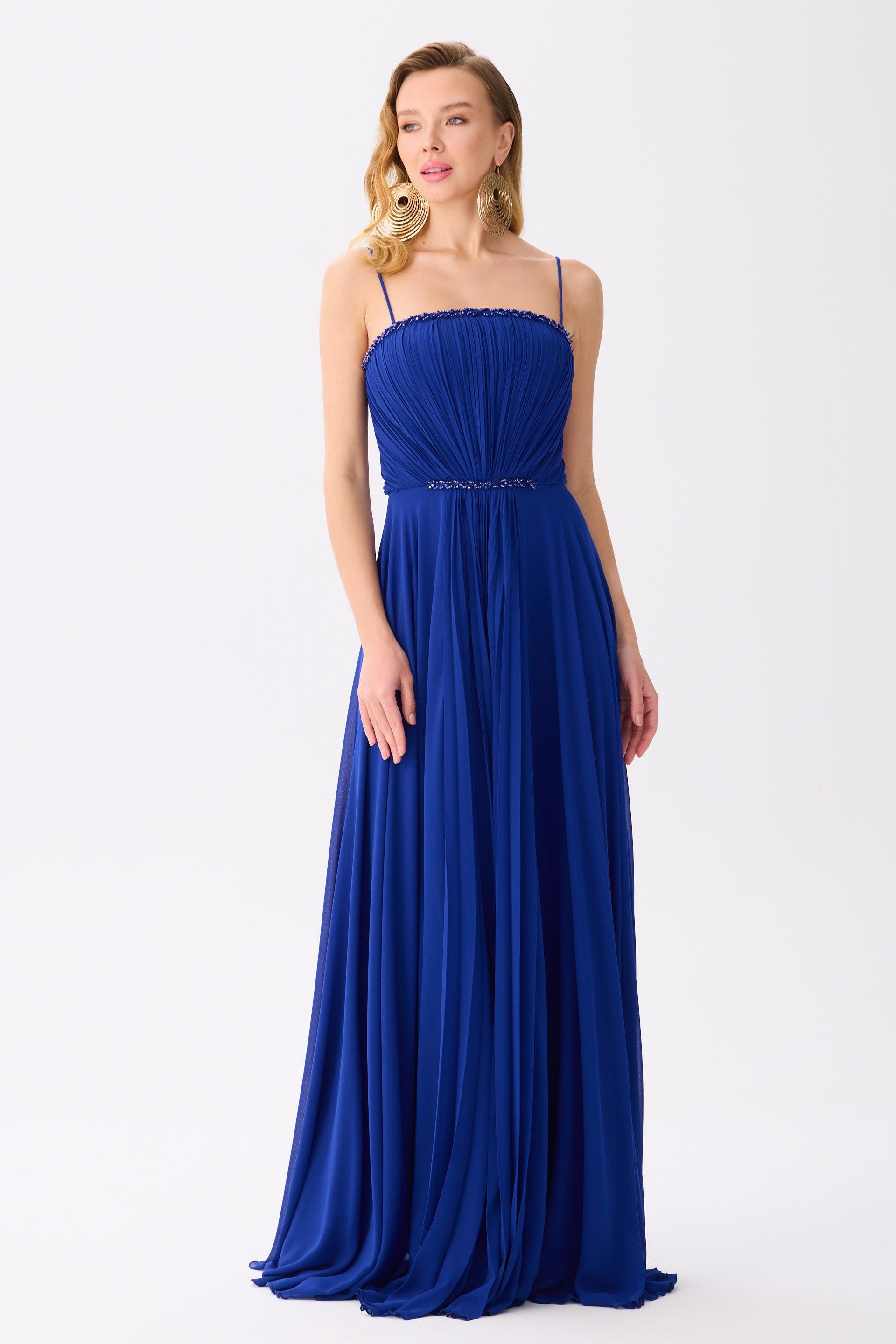 58459-25CARMENCarmen Saks Askılı İşlemeli Şifon Abiye Elbise