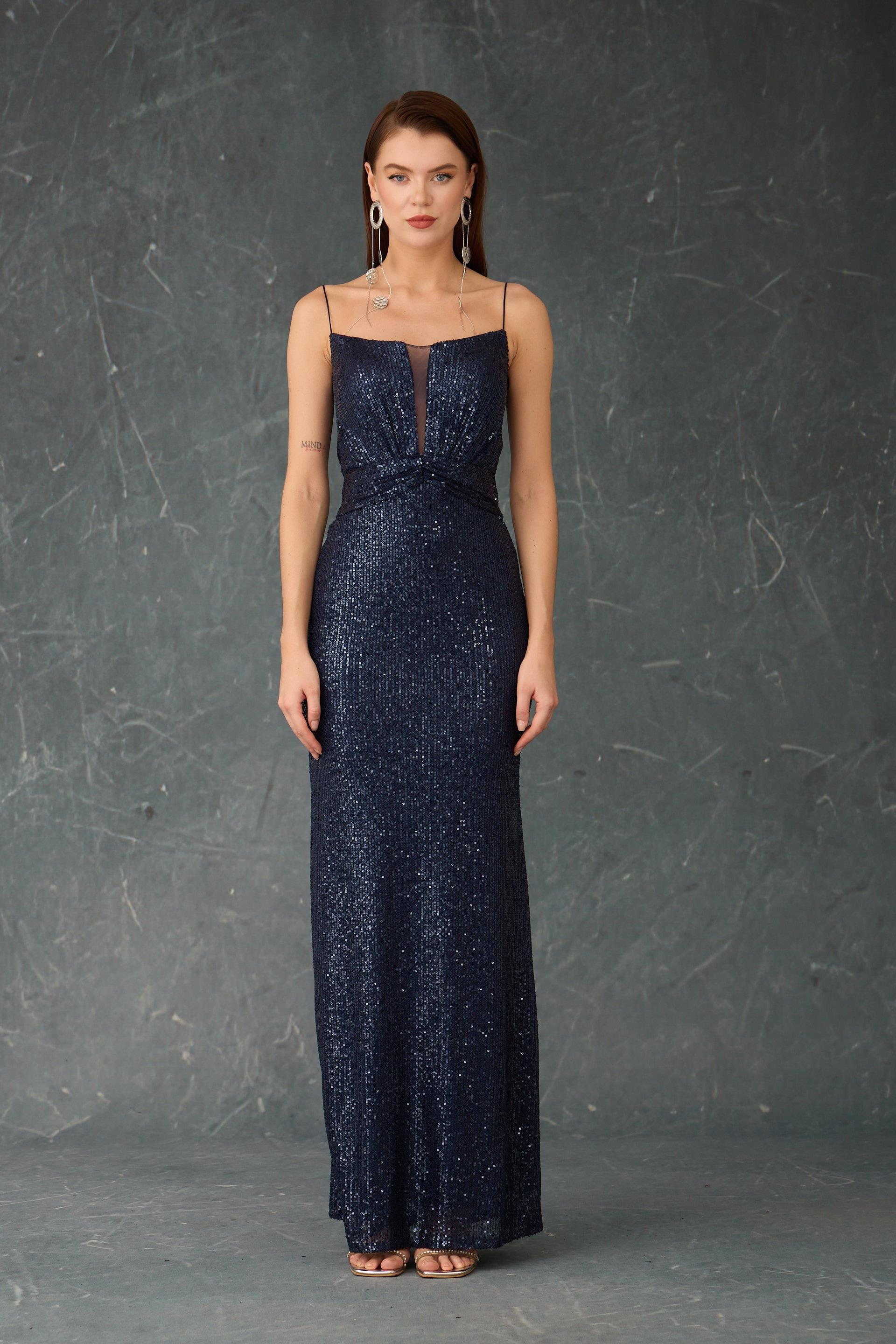 58498-14CARMENCarmen Lacivert Askılı Payetli Abiye Elbise