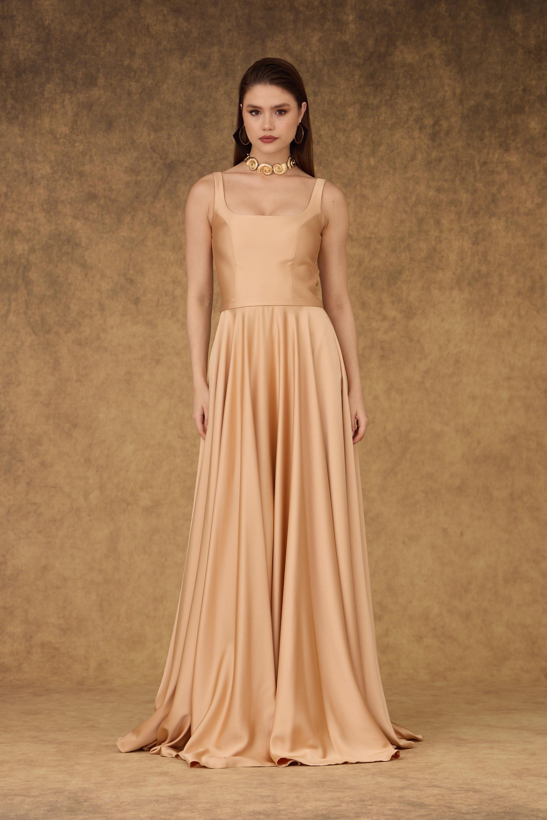 58506-9CARMENCarmen Gold Kare Yaka Saten Abiye Elbise