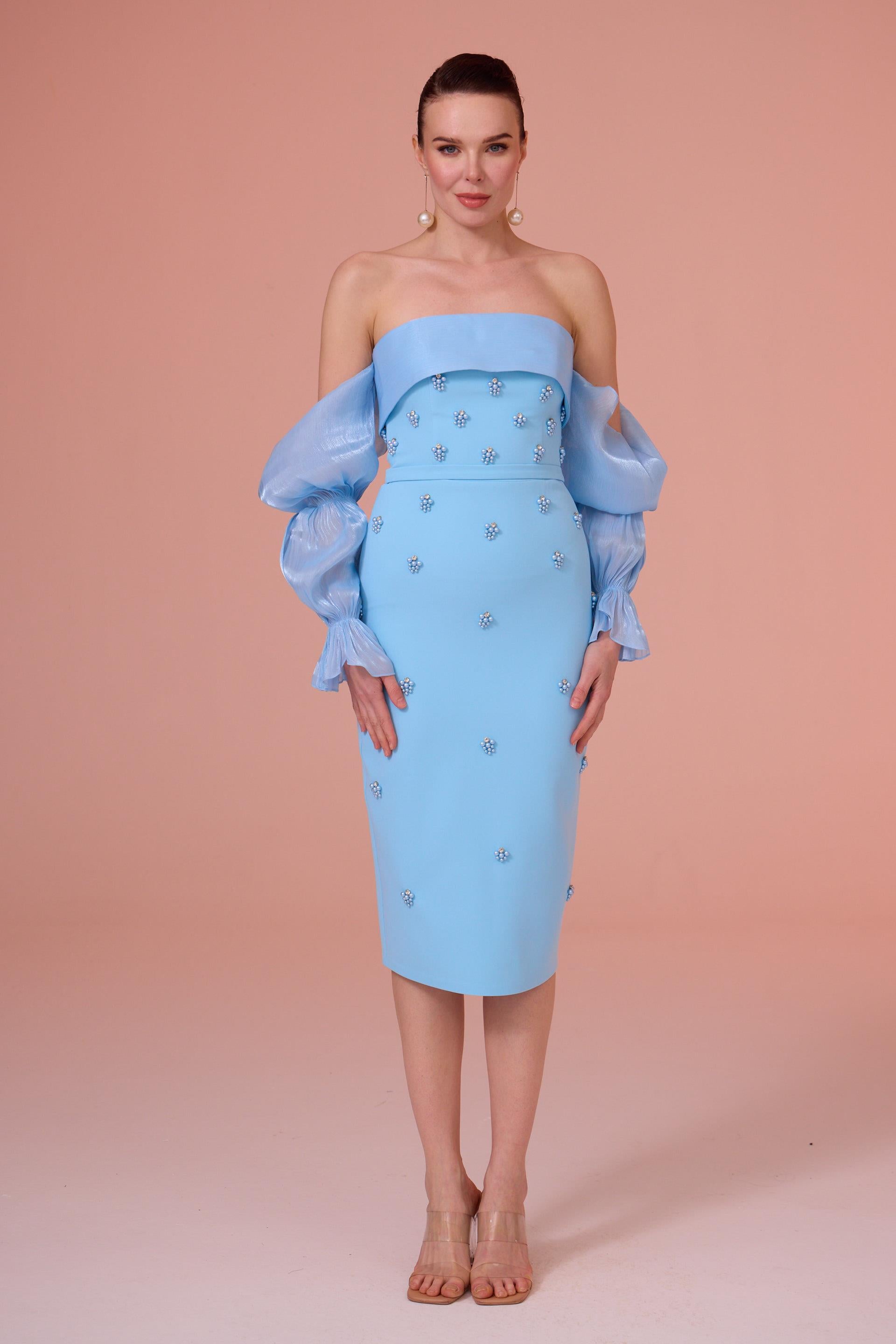 58512-1CARMENCarmen Bebe Mavi İşlemeli Krep Söz Elbisesi
