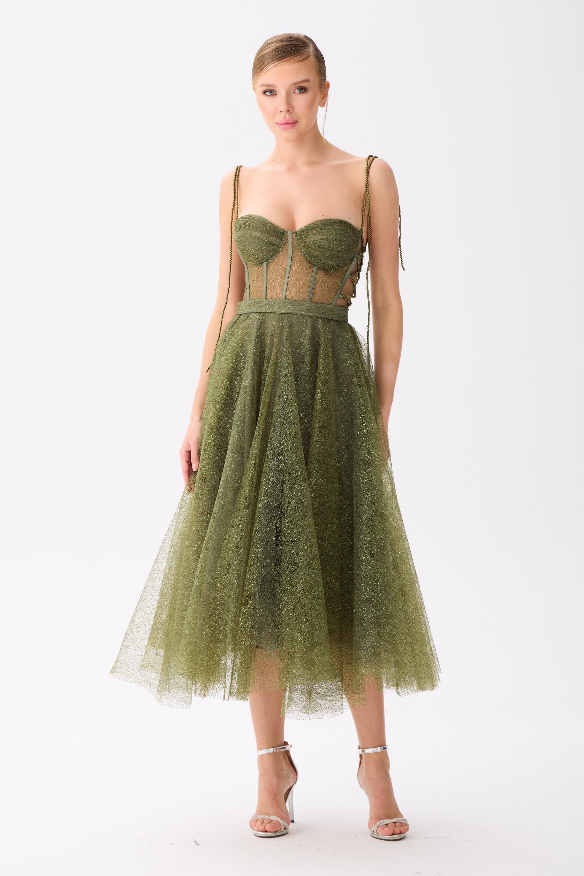 58523-12CARMENCarmen Haki Midi Dantelli Abiye Elbise
