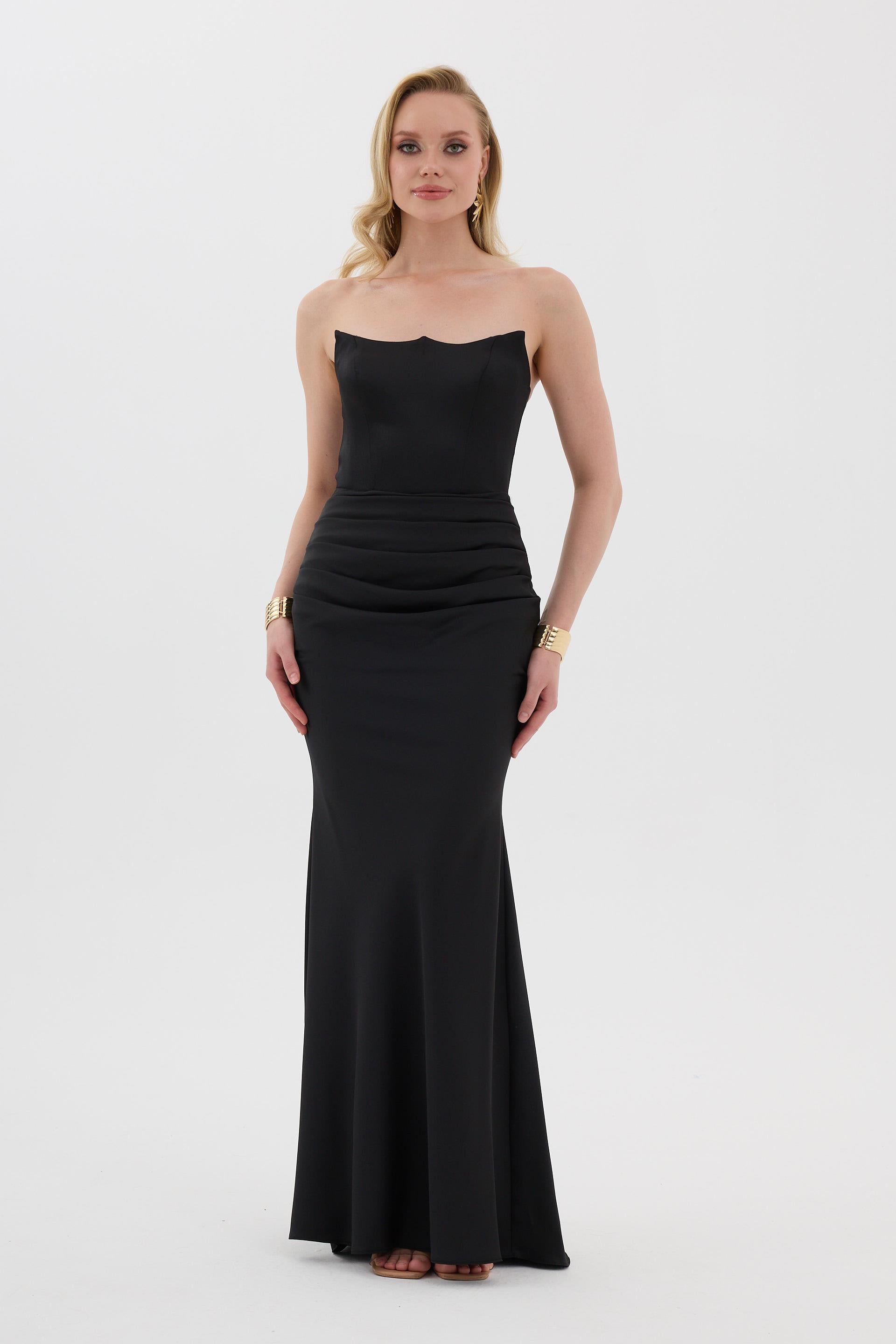 58565-27CARMENCarmen Siyah Straplez Uzun Saten Abiye Elbise