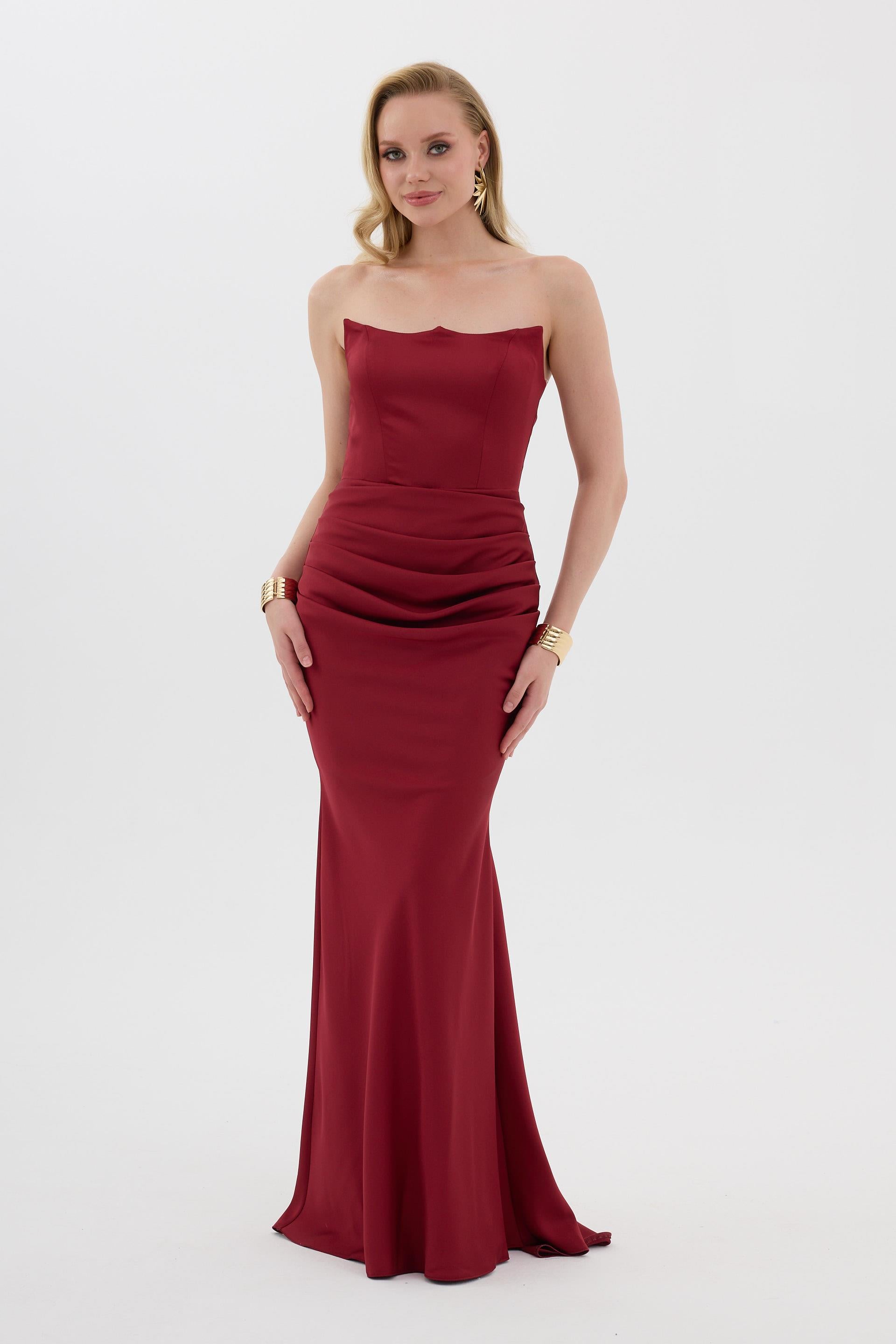58565-3CARMENCarmen Bordo Straplez Uzun Saten Abiye Elbise