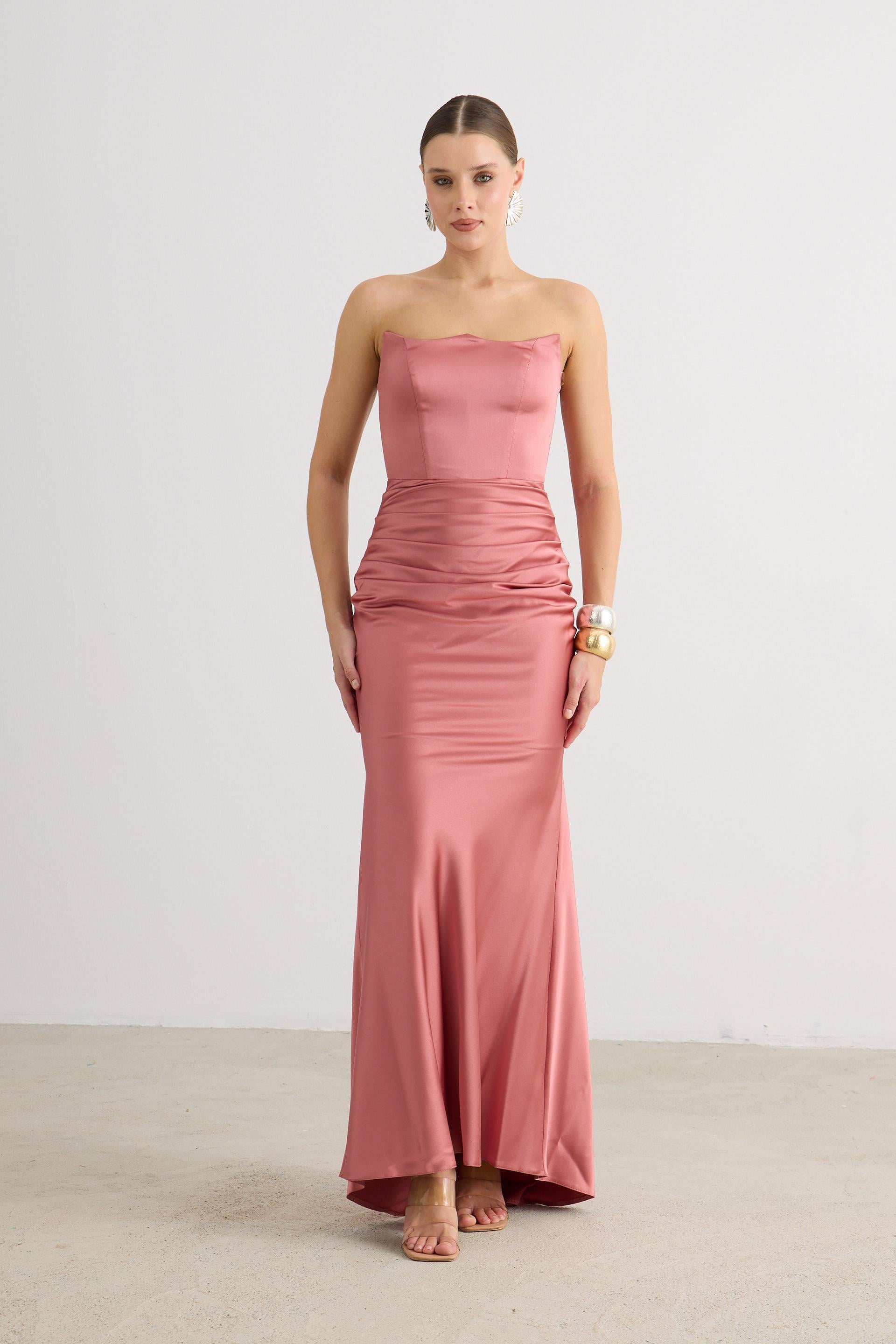 58565-84CARMENCarmen Taba Straplez Uzun Saten Abiye Elbise