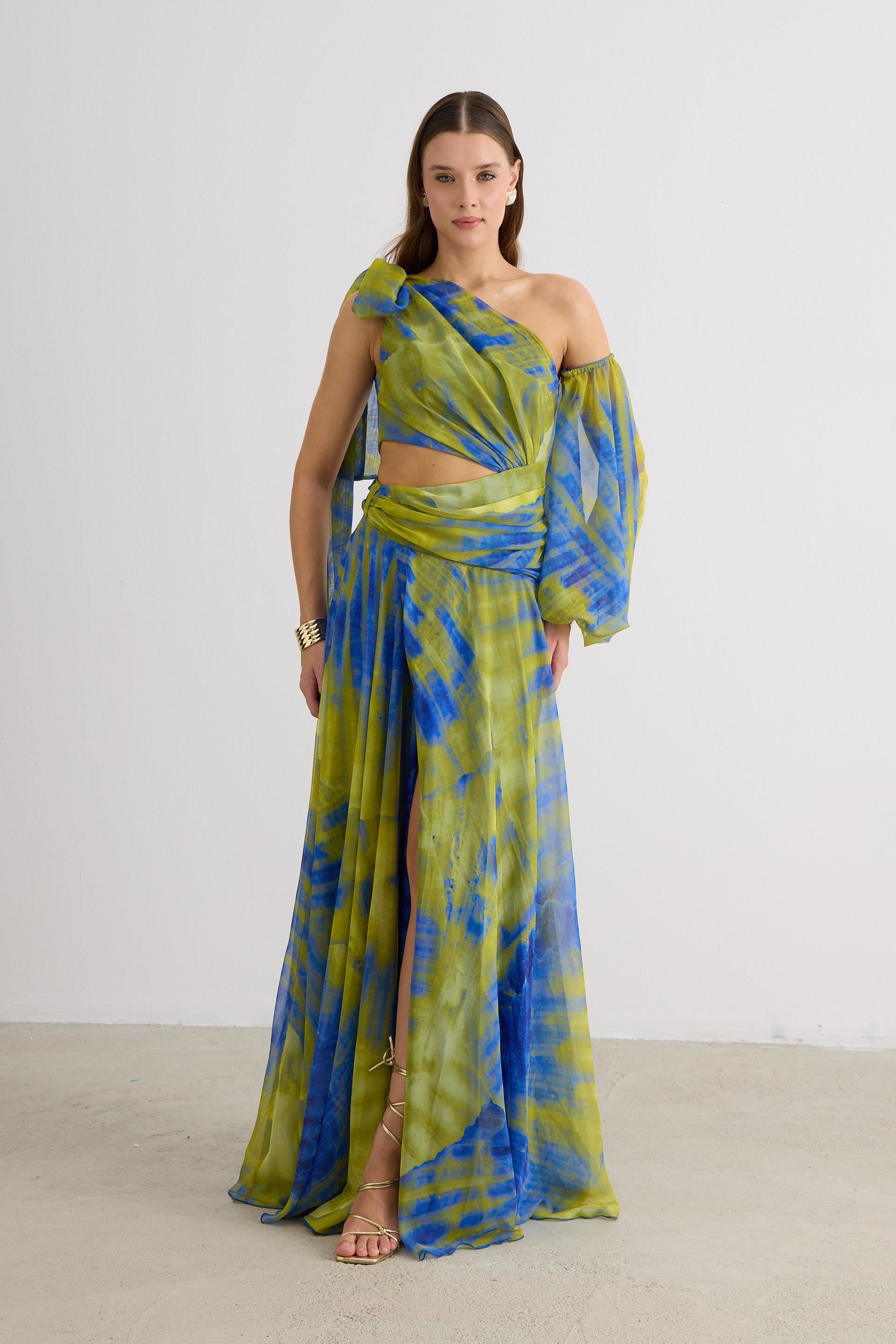 58599-25CARMENCarmen Saks Tek Kol Empirme Şifon Abiye Elbise