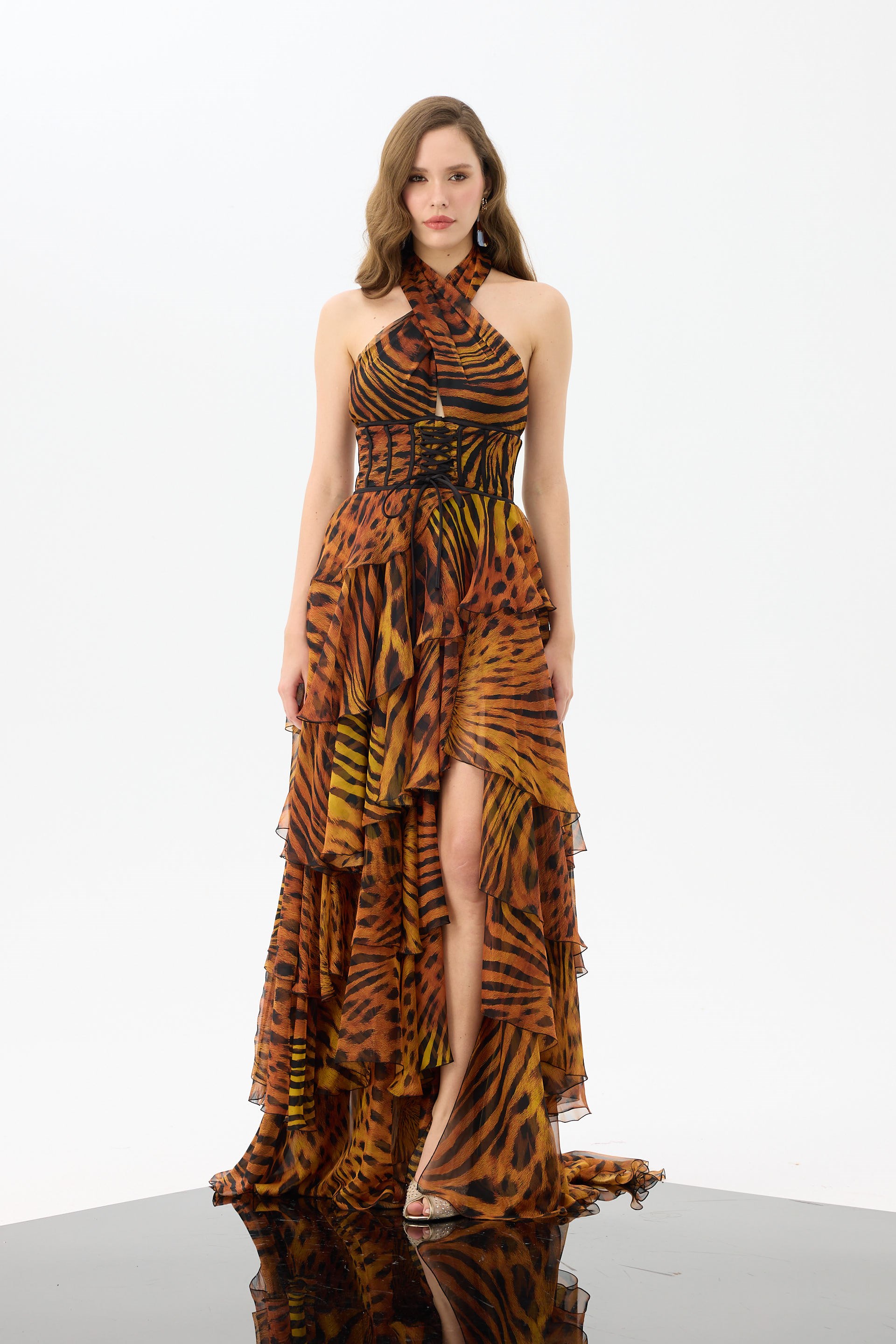 58746-27CARMENCarmen Siyah Boyundan Bağlamalı Leopar Desenli Abiye Elbise