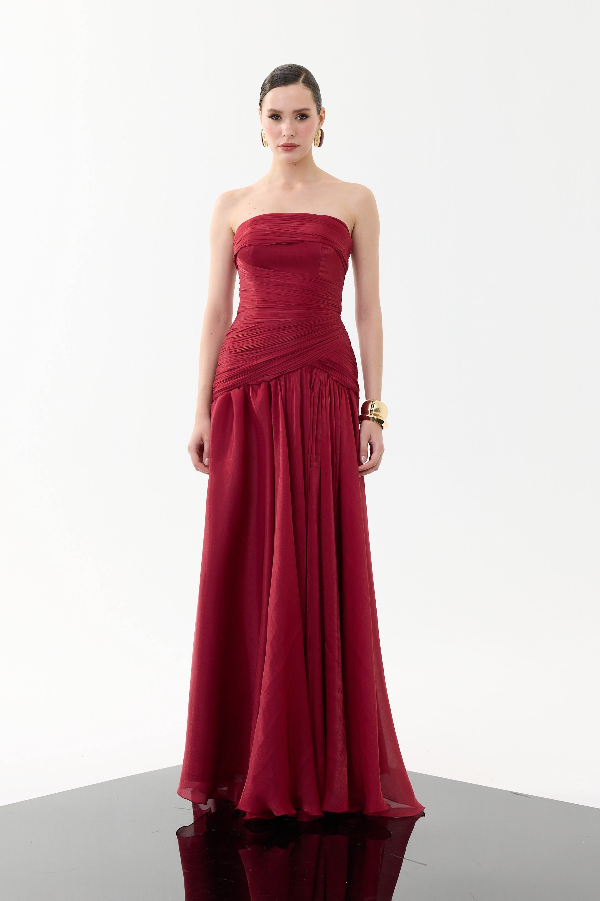58752-3CARMENCarmen Bordo Straplez Yırtmaçlı Organze Abiye Elbise