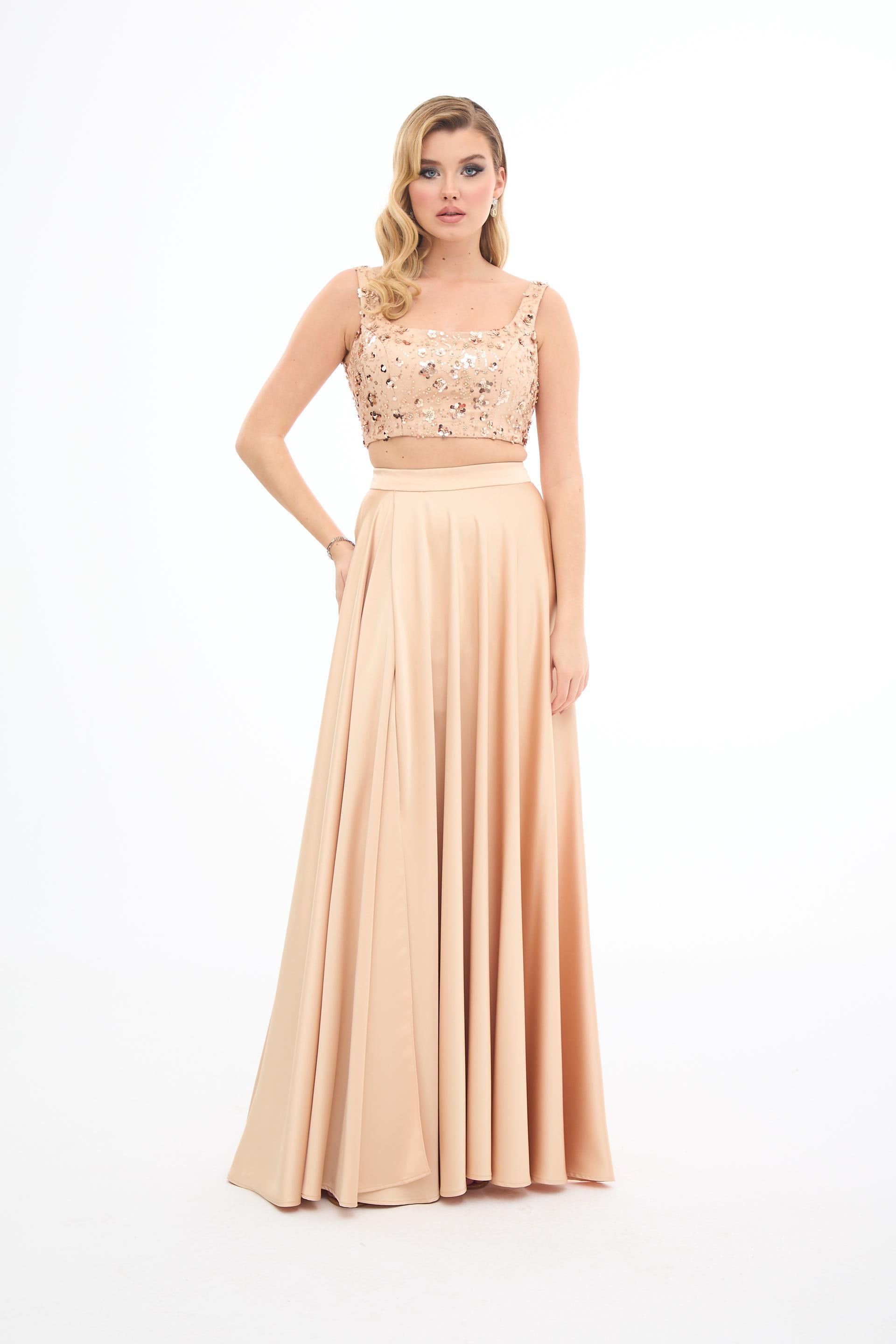 70146-9CARMENCarmen Gold Taşlı Büstiyer Etek Saten Takım Abiye