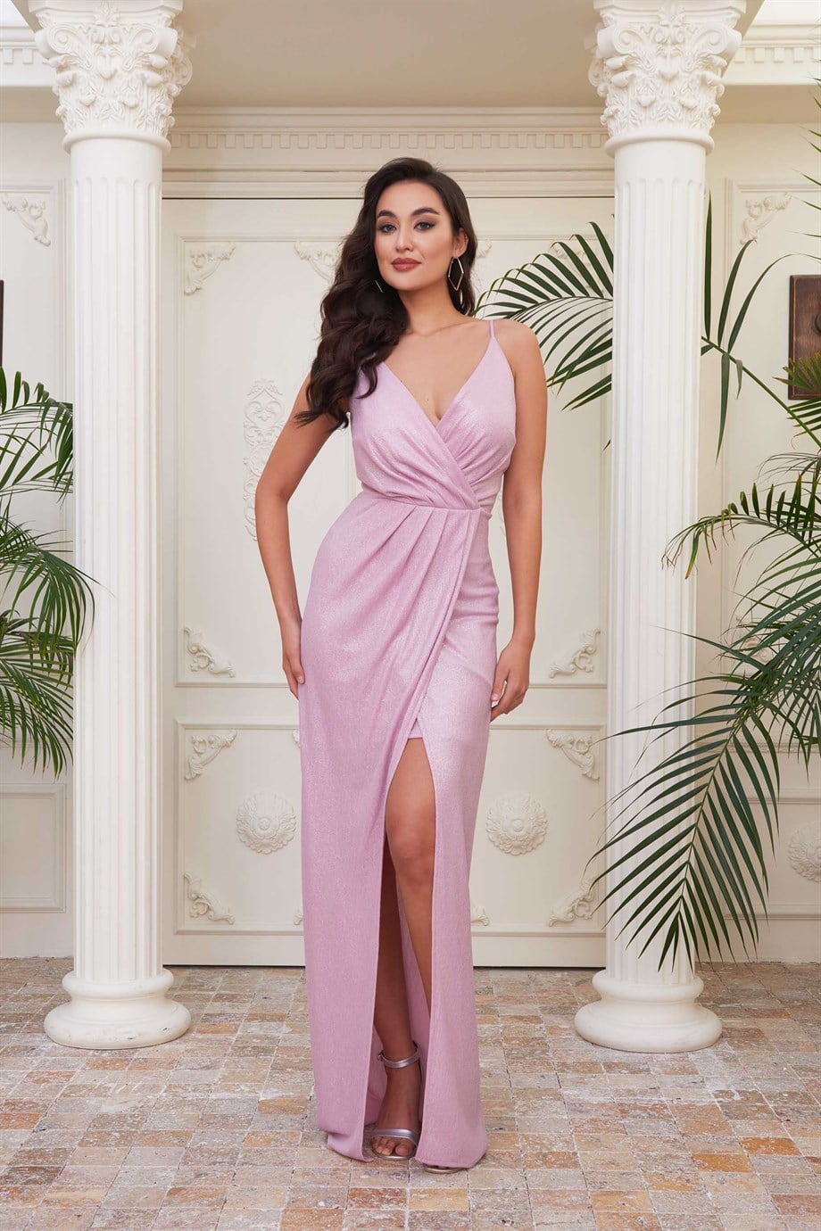 C55647-22CARMENCarmen Pembe Laklı Şifon Kruvaze Yırtmaçlı Abiye Elbise