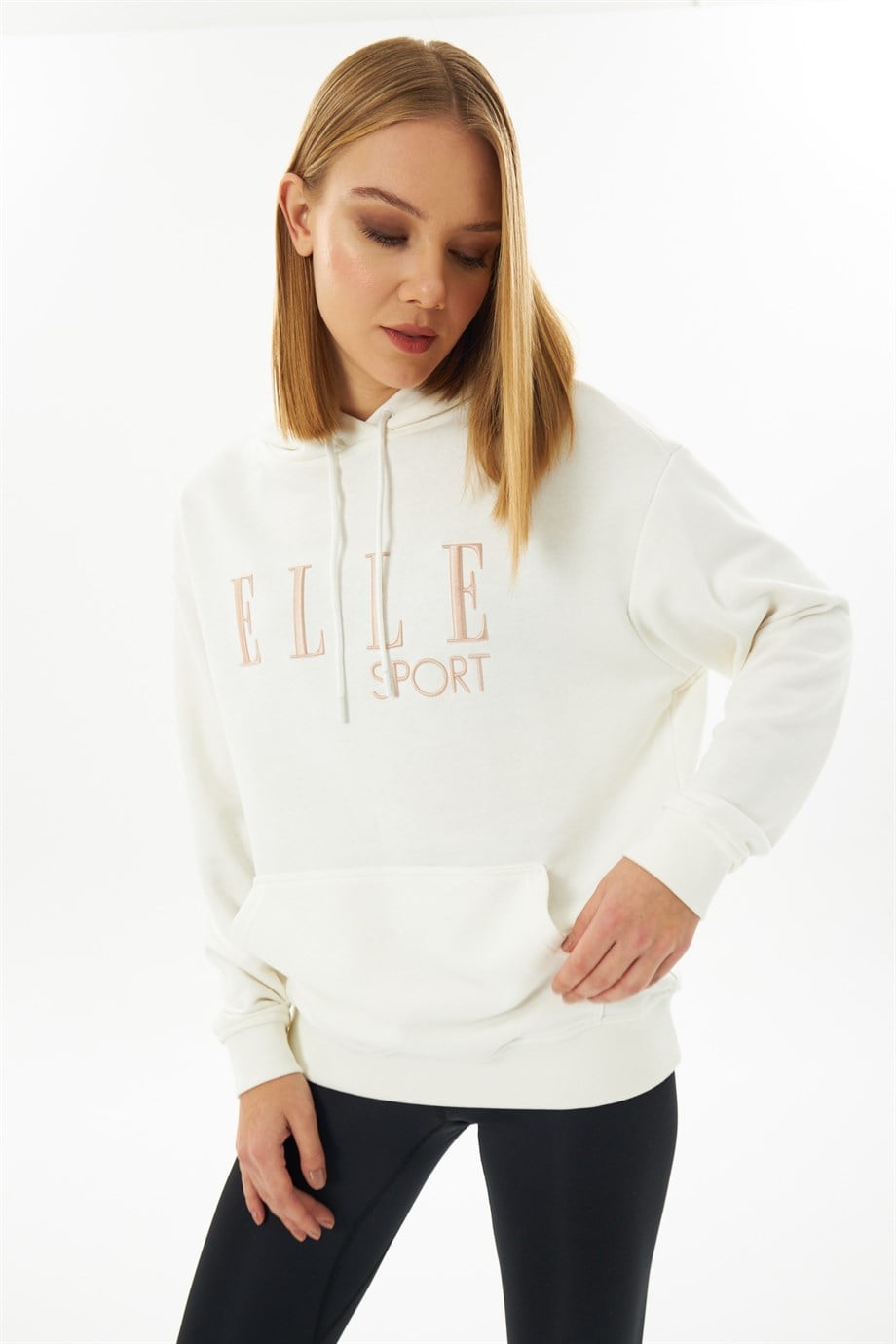 60000-10ELLEELLE Sport Kapüşonlu Cepli Pudra Nakışlı Kadın Sweatshirt