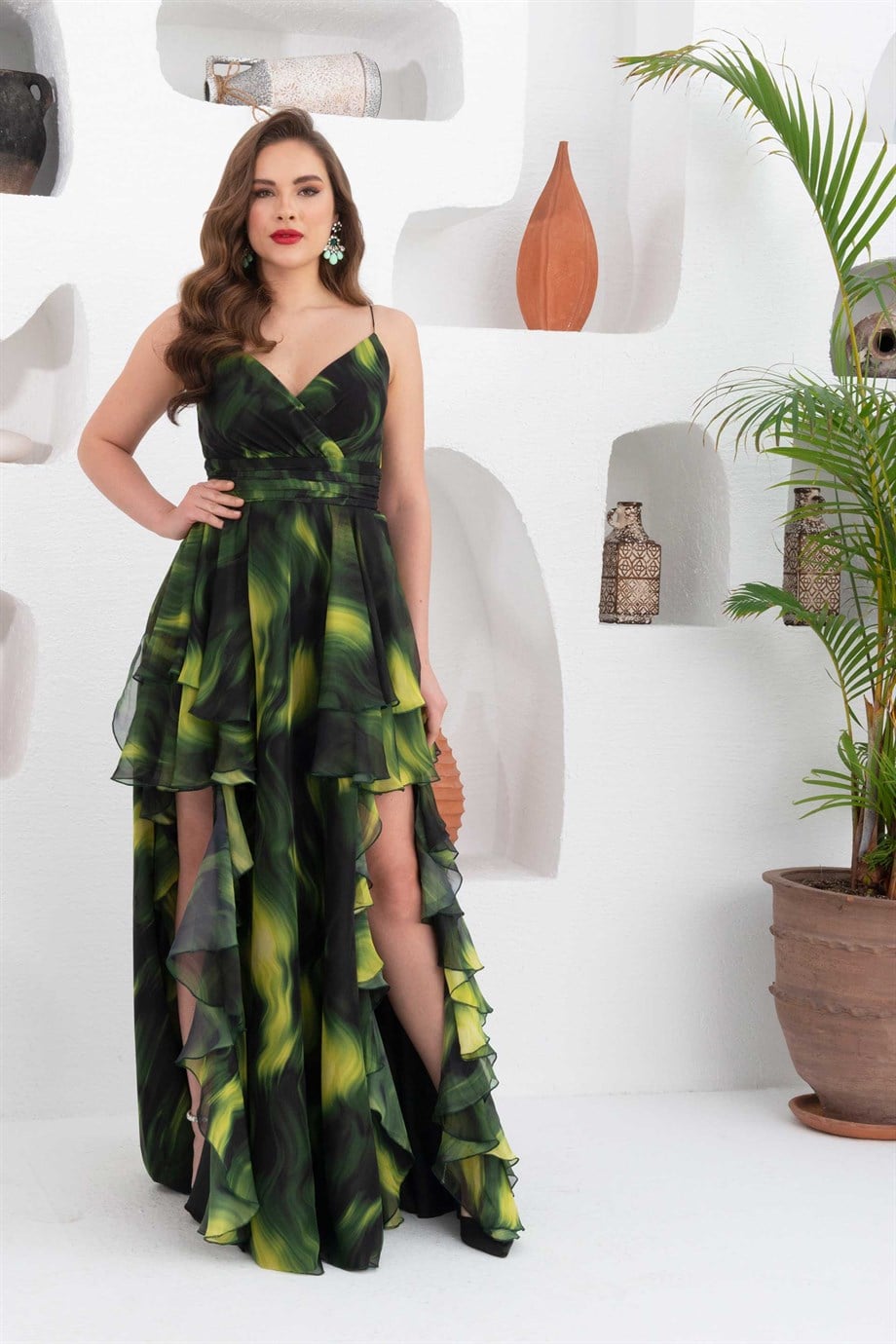55886-33Eva FashionEva Fashion Yeşil Şifon Askılı Uzun Abiye Elbise