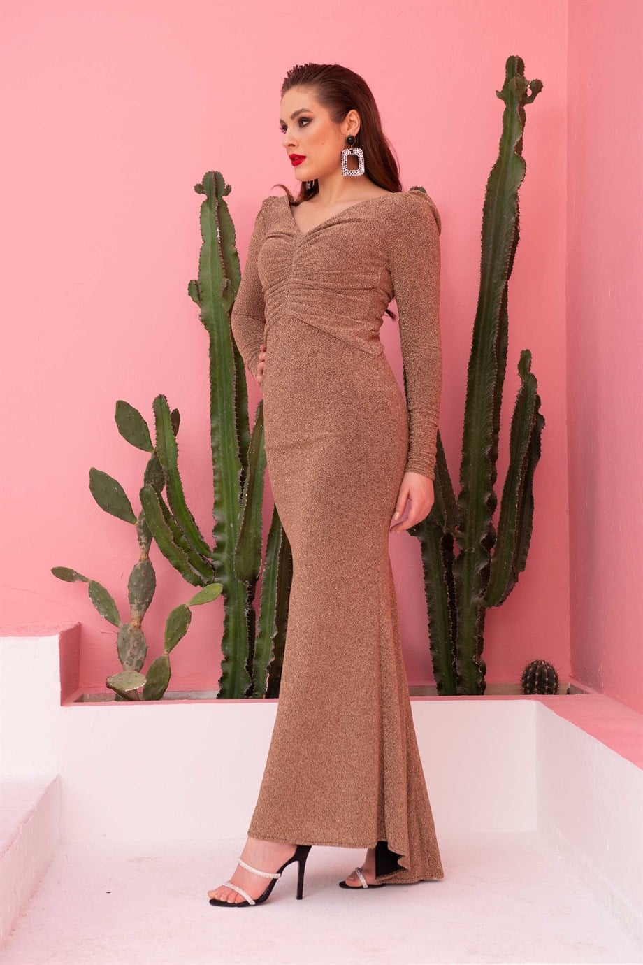 55972-9SimmoreSimmore Gold Simli Örme Uzun Abiye Elbise