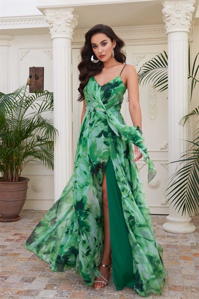 Carmen Yeşil Empirme Askılı Uzun Abiye Elbise