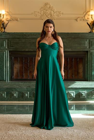 58130-34CARMENCarmen Zümrüt Saten Straplez Uzun Abiye Elbise ve Davet Elbisesi