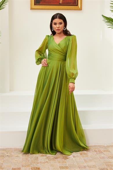 Carmen Fıstık Yeşili Şifon Uzun Abiye Elbise ve Söz Elbisesi
