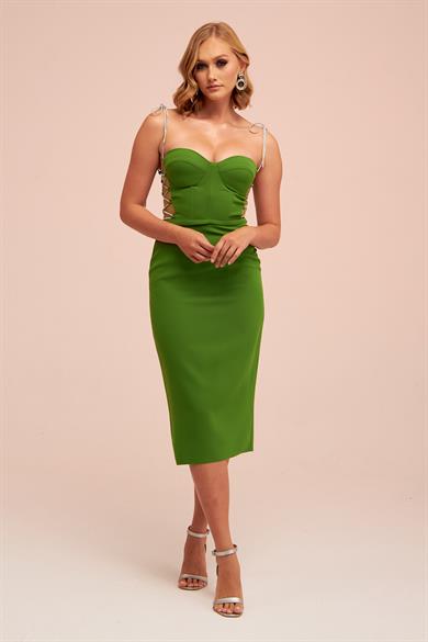 58262-7CARMENCarmen Fıstık Yeşili Taş Bağcıklı Midi Krep Abiye Elbise