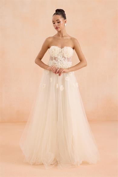 58451-9CARMENCarmen Gold Straplez Çiçekli Nişanlık