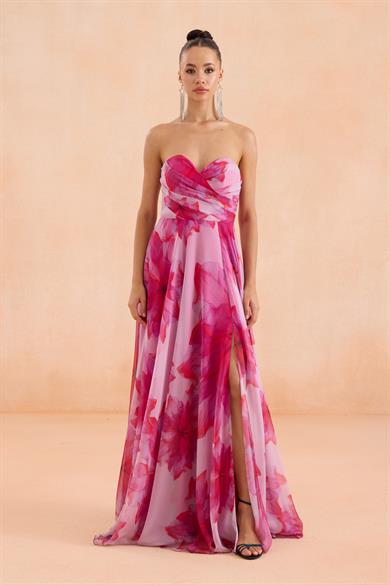 58472-8CARMENCarmen Fuşya Straplez Yırtmaçlı Emprme Abiye Elbise