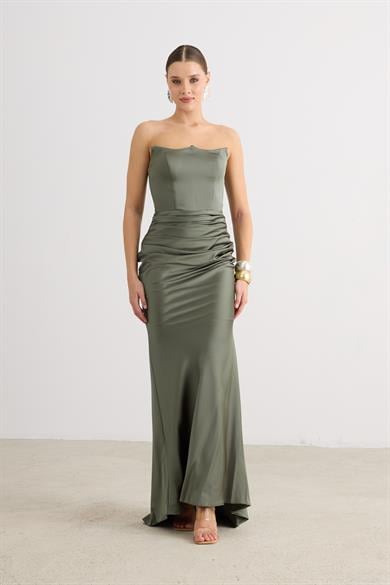 58565-12CARMENCarmen Haki Straplez Uzun Saten Abiye Elbise