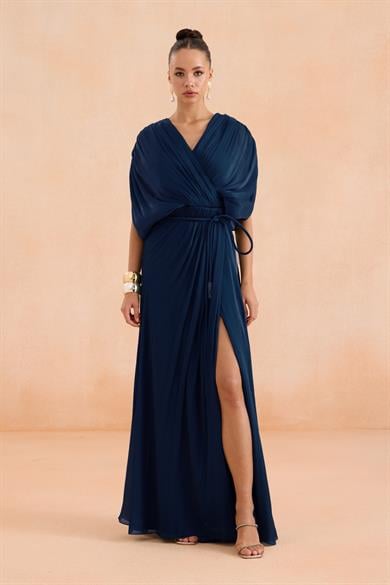 58574-14CARMENCarmen Lacivert Yırtmaçlı Kemerli Organze Abiye Elbise