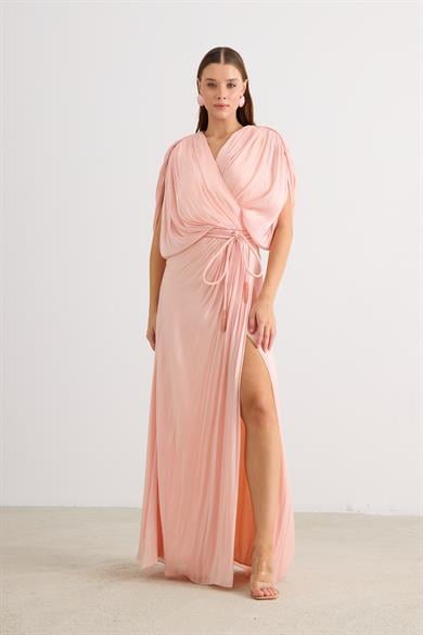 58574-23CARMENCarmen Pudra Yırtmaçlı Kemerli Organze Abiye Elbise
