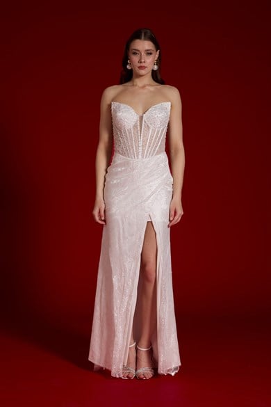 58589-2CARMENCarmen Beyaz Kedi Kulağı İşlemeli Dantel Nikah Elbisesi
