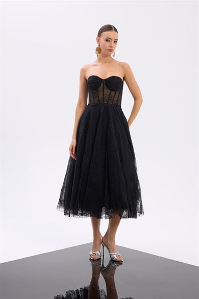 58685-27CARMENCarmen Siyah Straplez Midi Tül Abiye Elbise