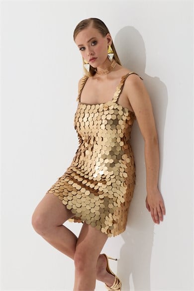 58776-9CARMENCarmen Gold Askılı Payetli After Party Elbisesi