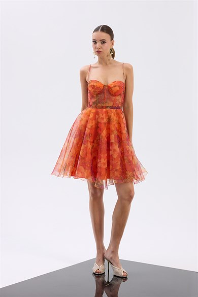 58787-106CARMENCarmen Orange Straplez Desenli Abiye Elbise