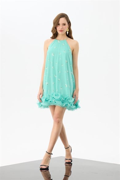 58794-18CARMENCarmen Mint Eteği Çiçekli Kısa Desenli Abiye Elbise