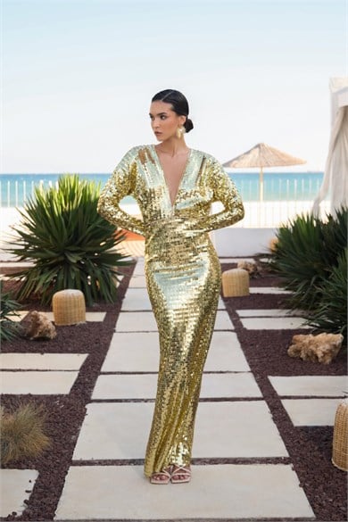 58809-9CARMENCarmen Gold Uzun Kollu Dekolteli Payetli Abiye Elbise