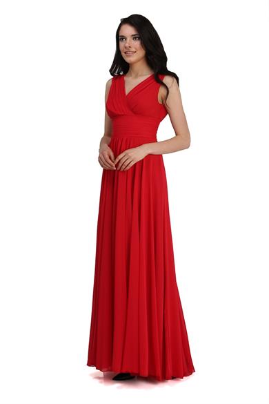 Carmen Kırmızı V Yaka Şifon Abiye Elbise