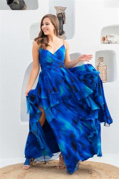 55886-25Eva FashionCarmen Saks Şifon Askılı Uzun Abiye Elbise