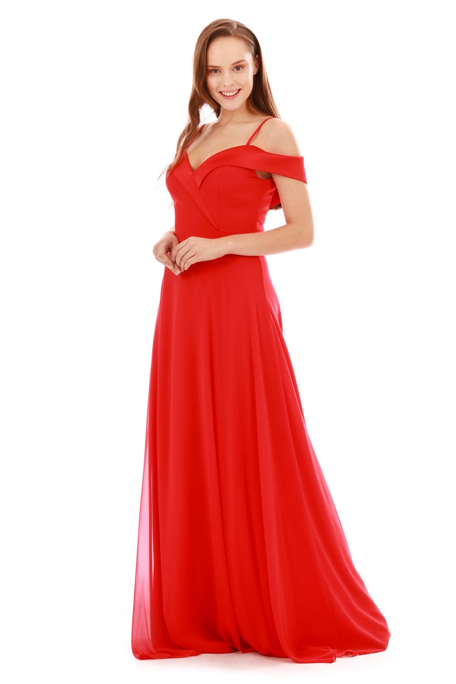 Carmen Kırmızı Prenses Yaka Uzun Abiye Elbise