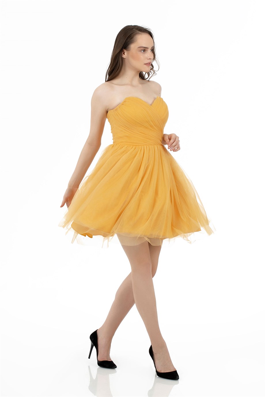 Carmen Sarı Tül Straplez Drapeli Kısa Abiye Elbise