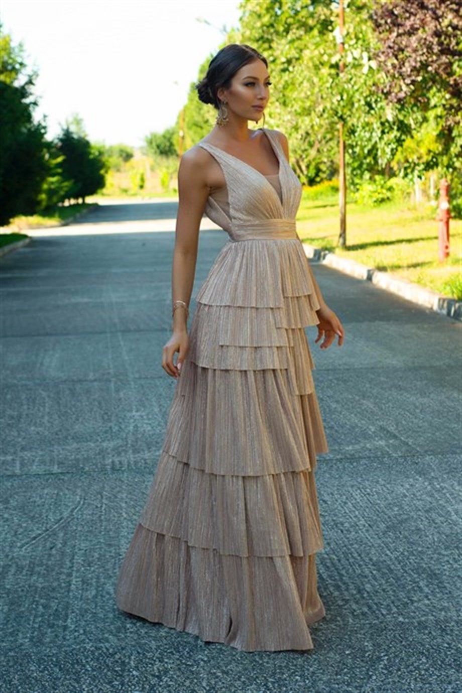 Carmen Gold Tüllü Uzun Prenses Abiye Elbise