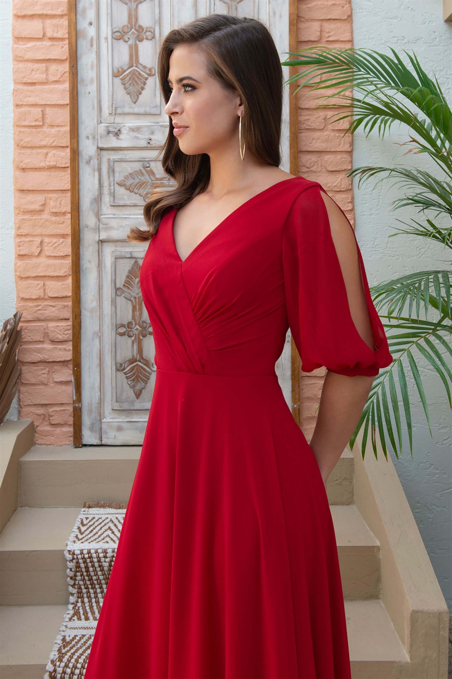 Carmen Kırmızı Şifon Karpuz Kol V Yaka Uzun Abiye Elbise