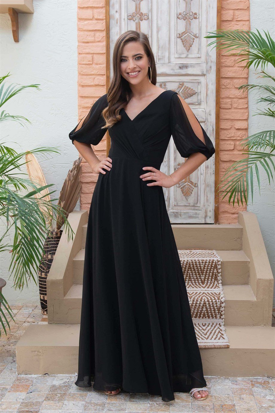 Carmen Siyah Şifon Karpuz Kol V Yaka Uzun Abiye Elbise