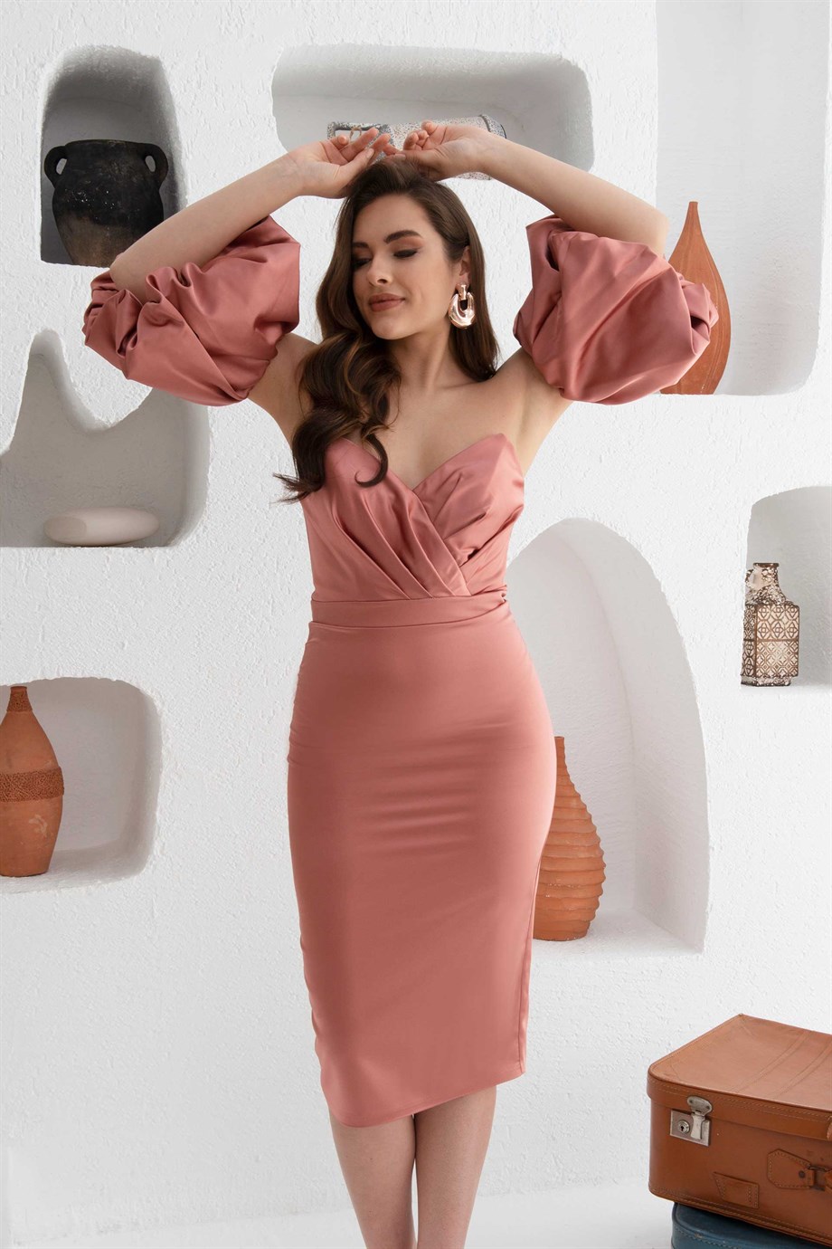55844-51CARMENCarmen Kiremit Saten Balon Kol Kısa Abiye Elbise