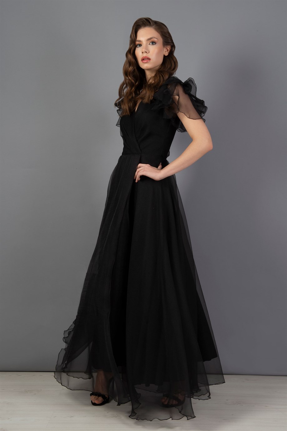 Carmen Siyah Organze Uzun Nikah Abiye Elbisesi