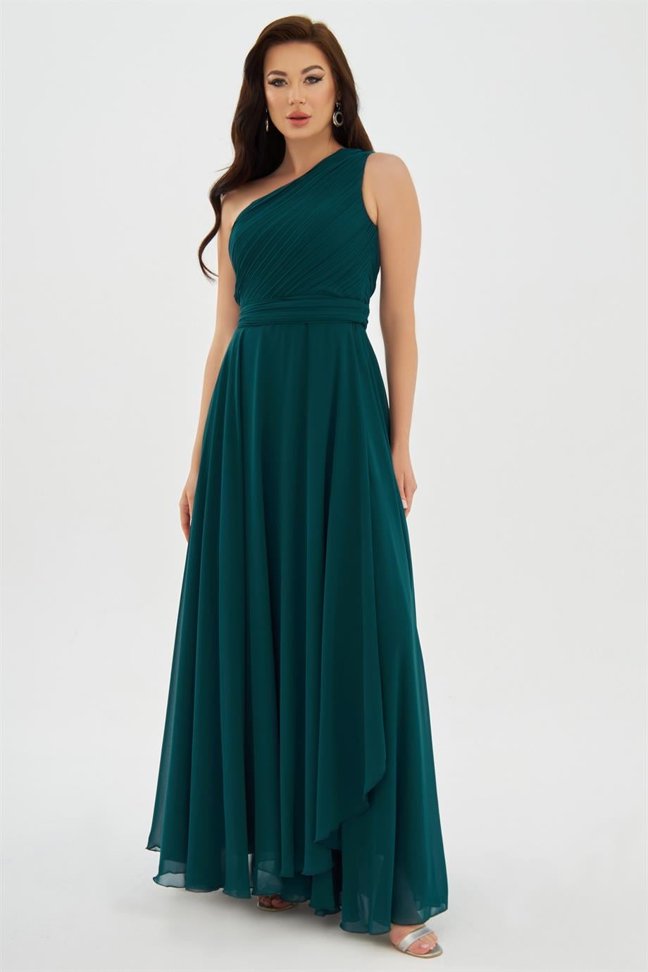 58075-73CARMENCarmen Petrol Şifon Tek Kol Uzun Abiye Elbise