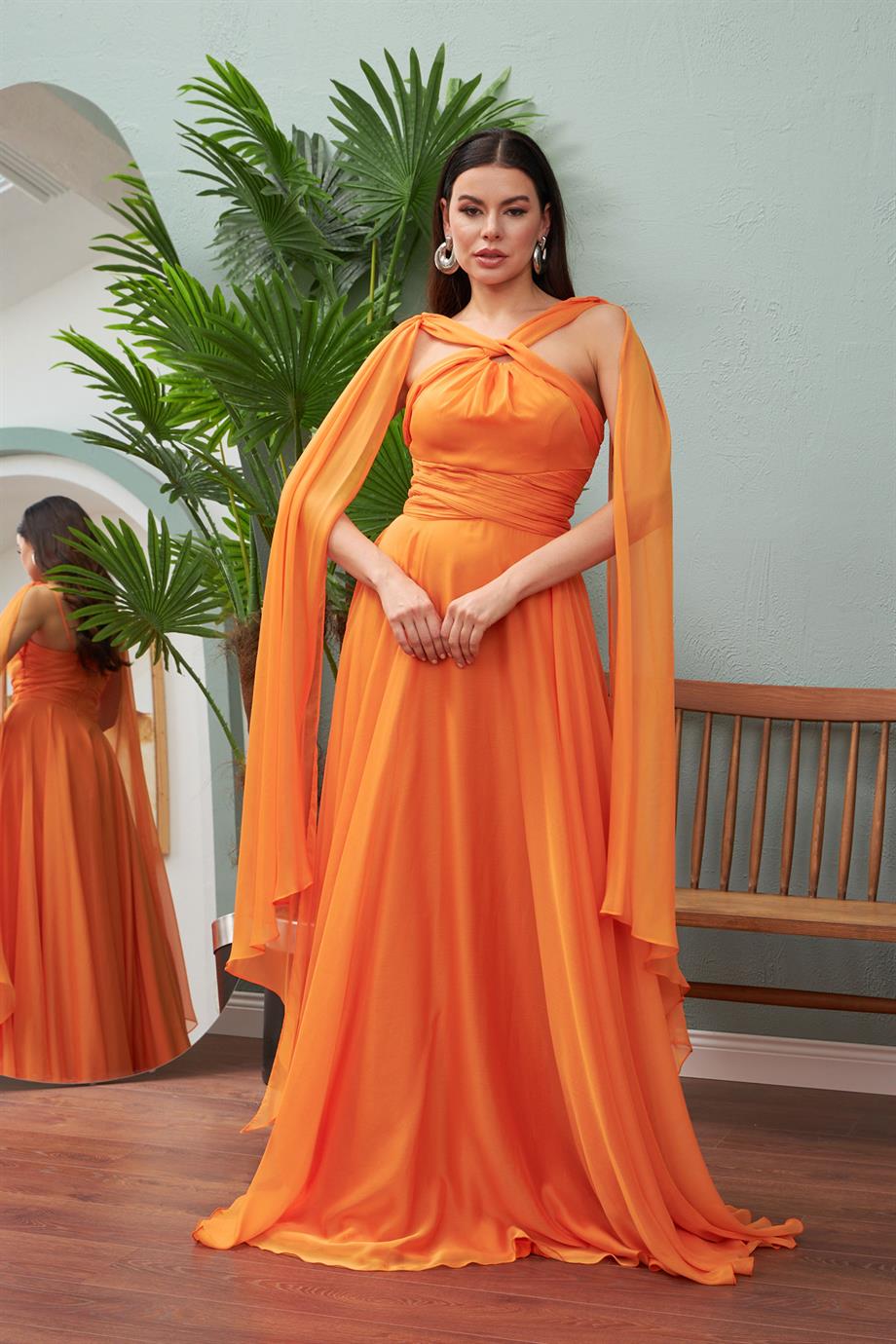 58089-106CARMENCarmen Orange Şifon Beli Büzgülü Uzun Abiye Elbise