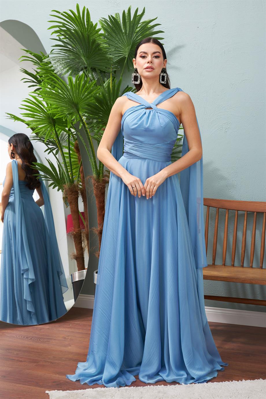 58089-54CARMENCarmen İndigo Şifon Beli Büzgülü Uzun Abiye Elbise