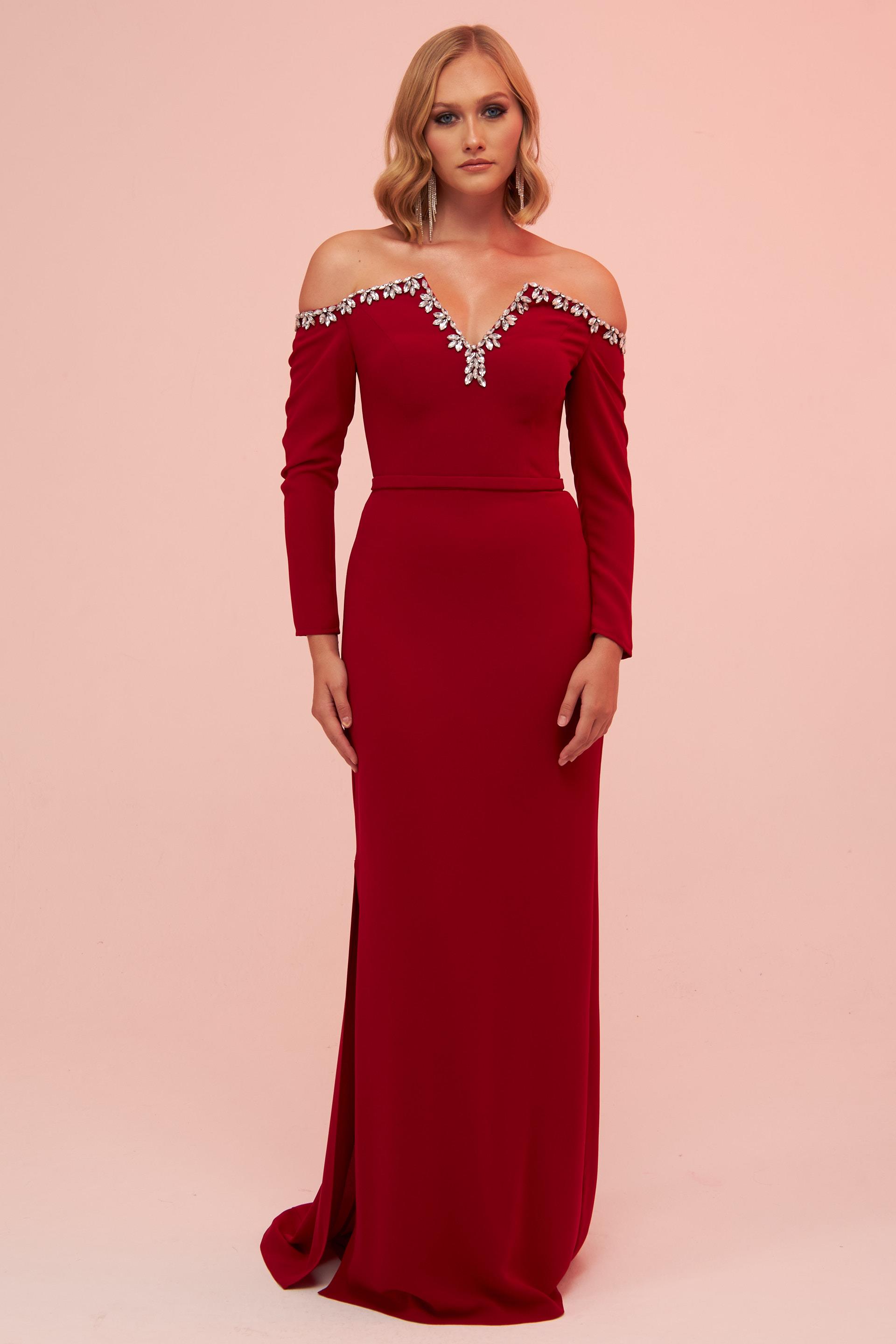 58099-3CARMENCarmen Bordo Kayık Yaka İşlemeli Krep Abiye