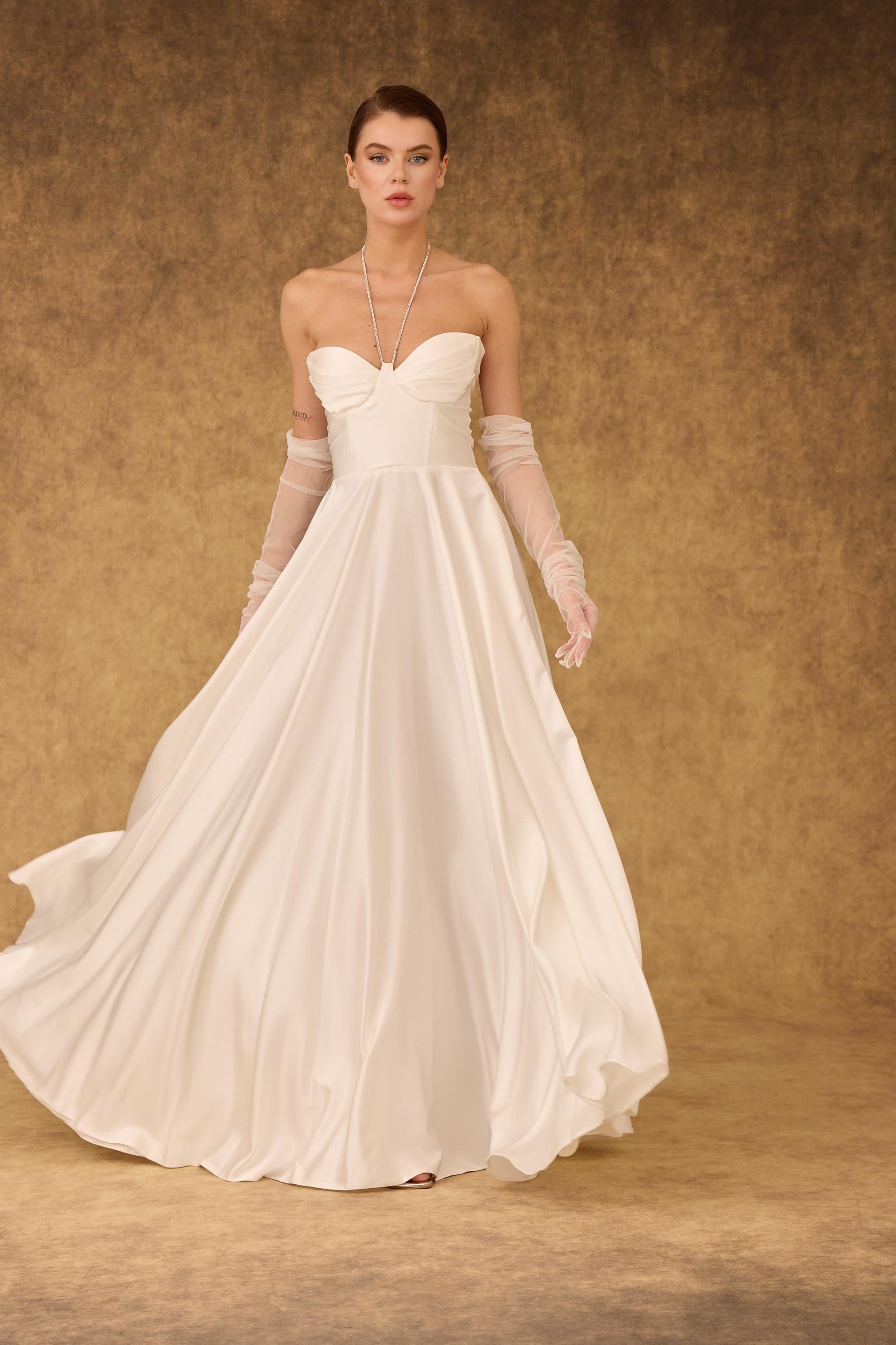 58130-6CARMENCarmen Ekru Saten Straplez Uzun Abiye Elbise ve Nikah Elbisesi