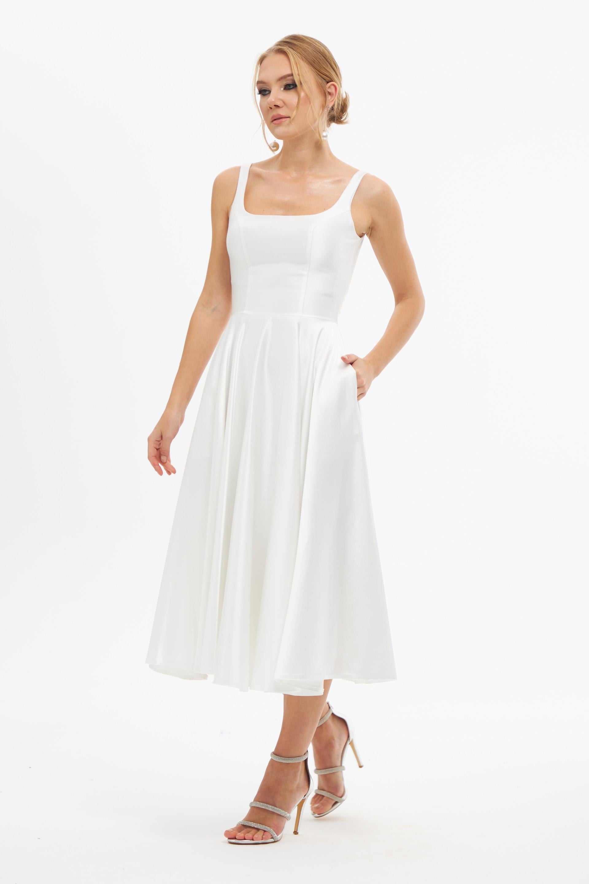 58131-6CARMENCarmen Ekru Sırt Dekolteli Midi Saten Nikah Elbisesi