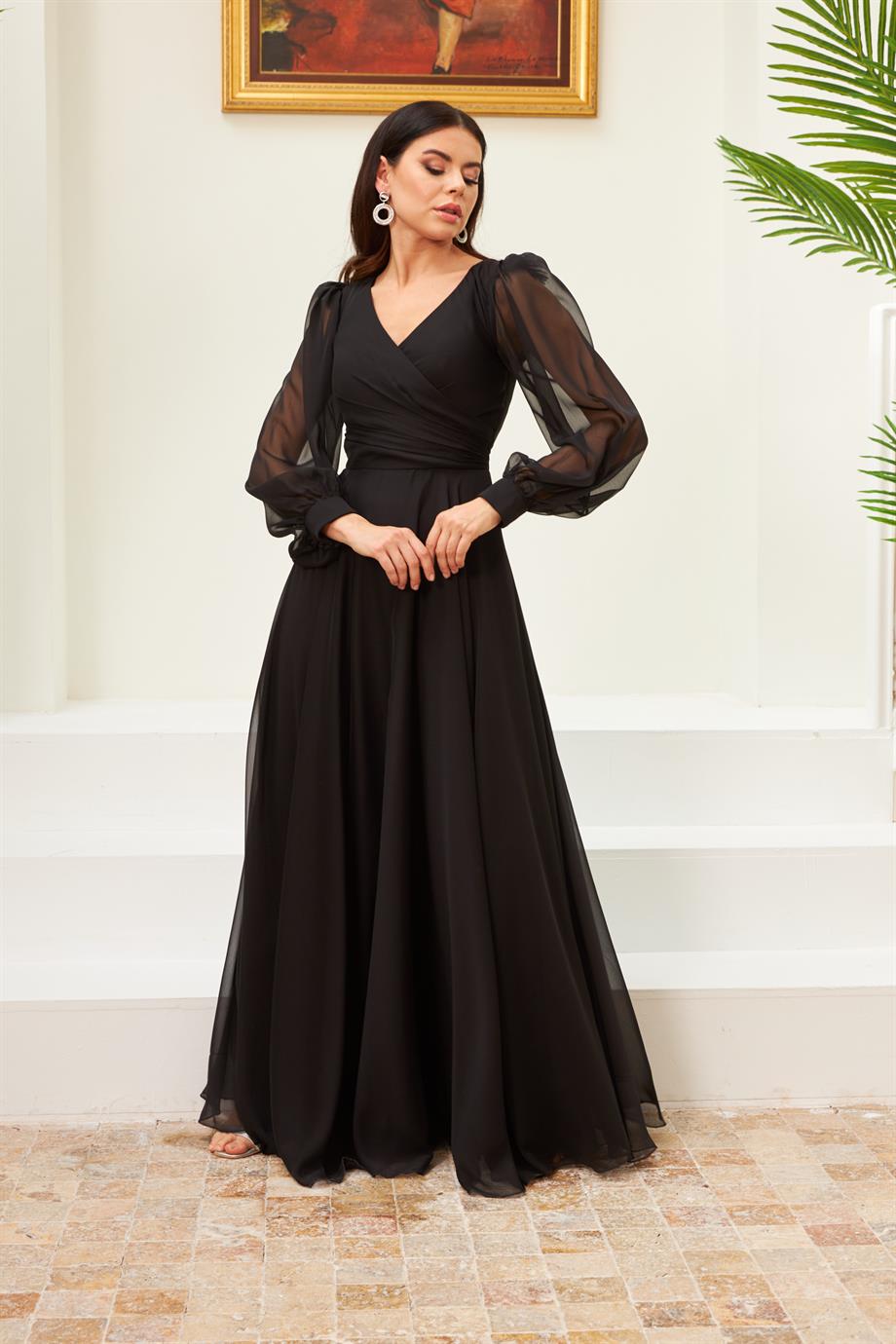 Carmen Siyah Şifon Uzun Abiye Elbise ve Söz Elbisesi