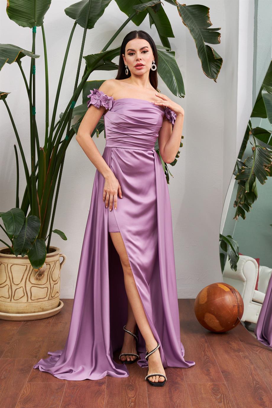 Carmen Lavanta Saten Omuzu Çiçekli Uzun Abiye Elbise