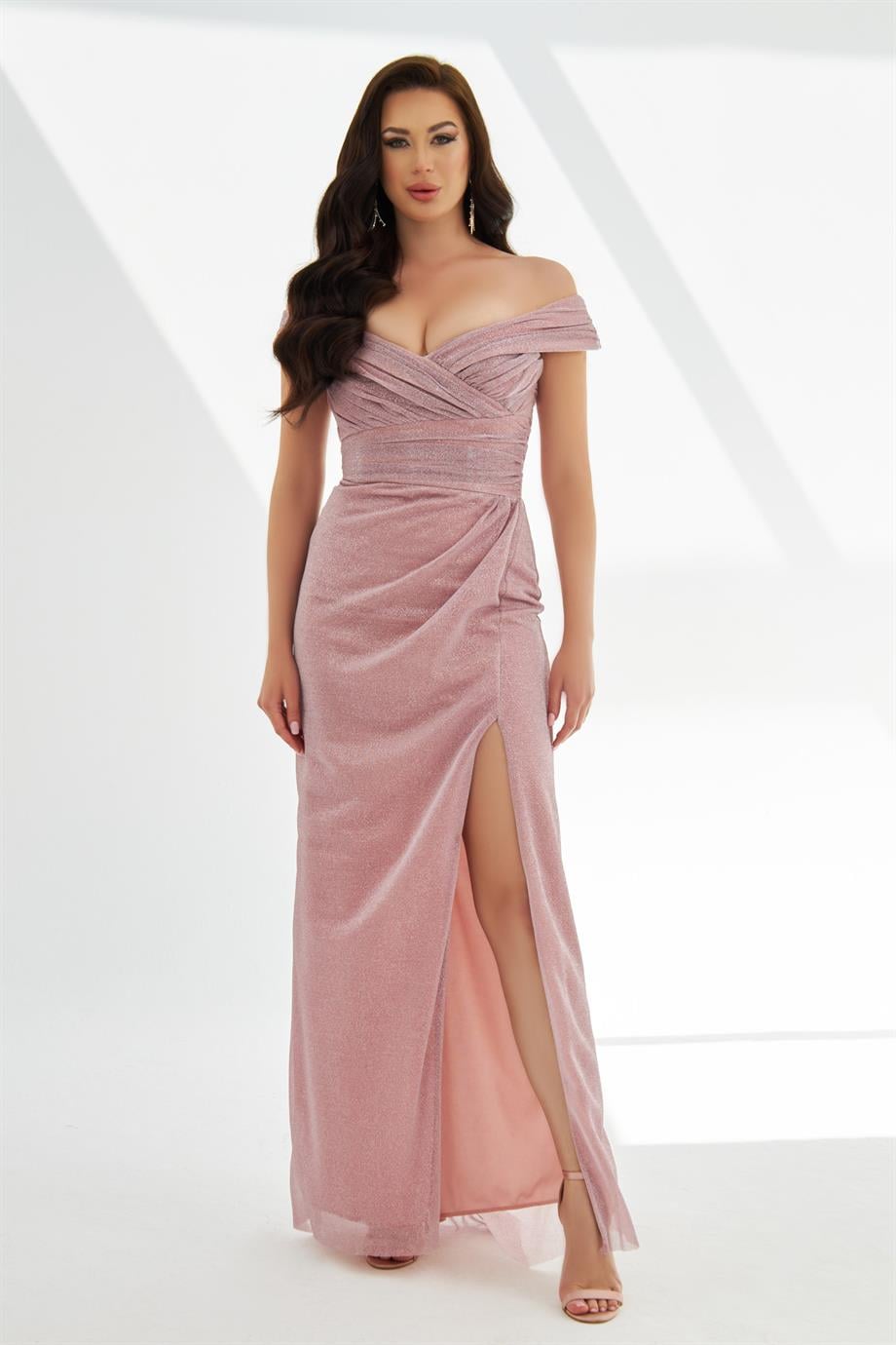 58203-23CARMENCarmen Pudra Simli Örme Straplez Uzun Abiye Elbise