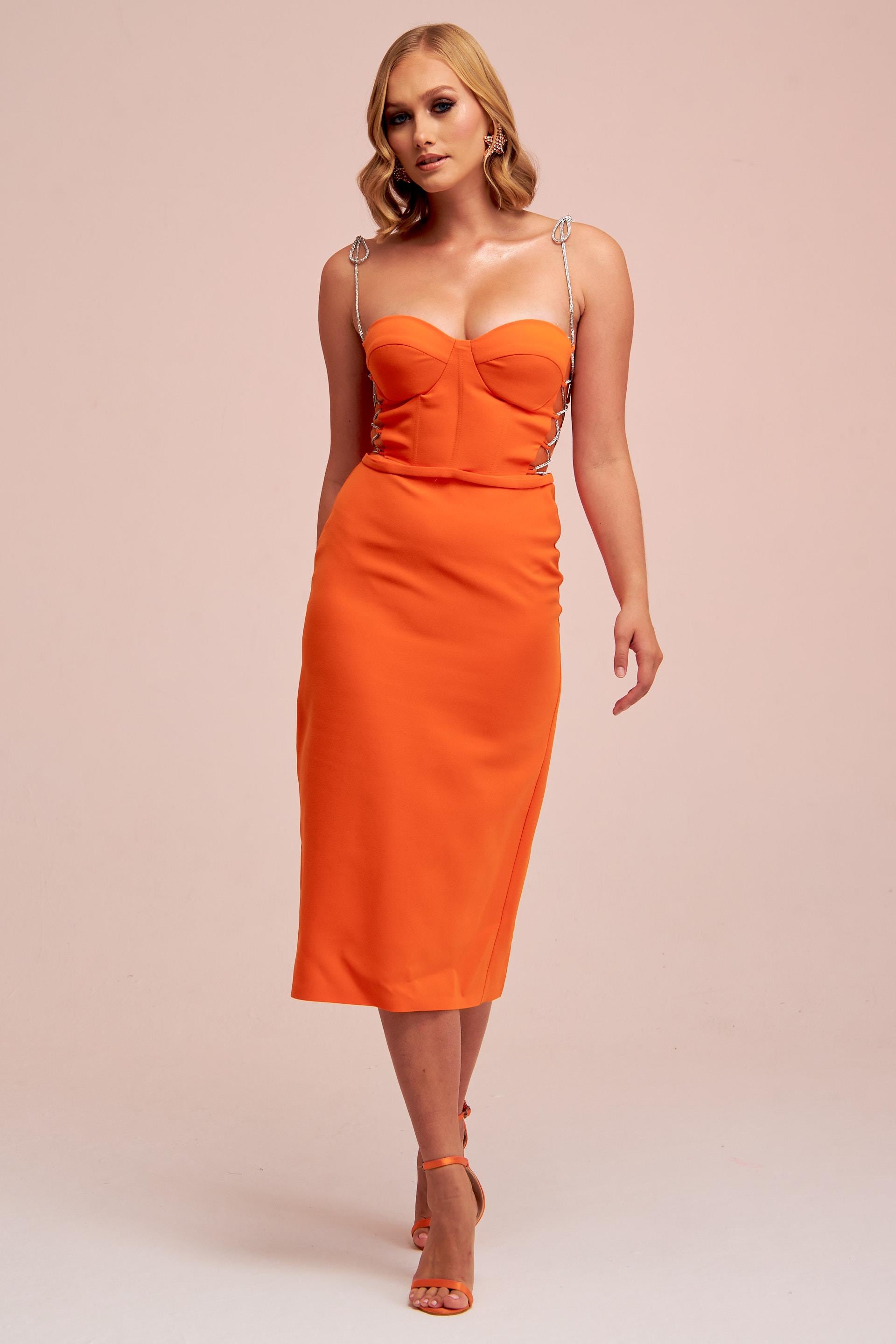 58262-106CARMENCarmen Orange Taş Bağcıklı Midi Krep Abiye Elbise